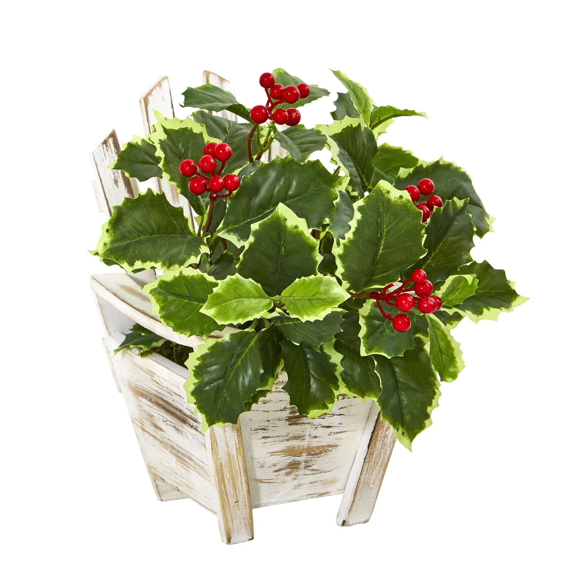 11” Variegated Holly Leaf Artificial Plant in Chair Planter (Real Touch)