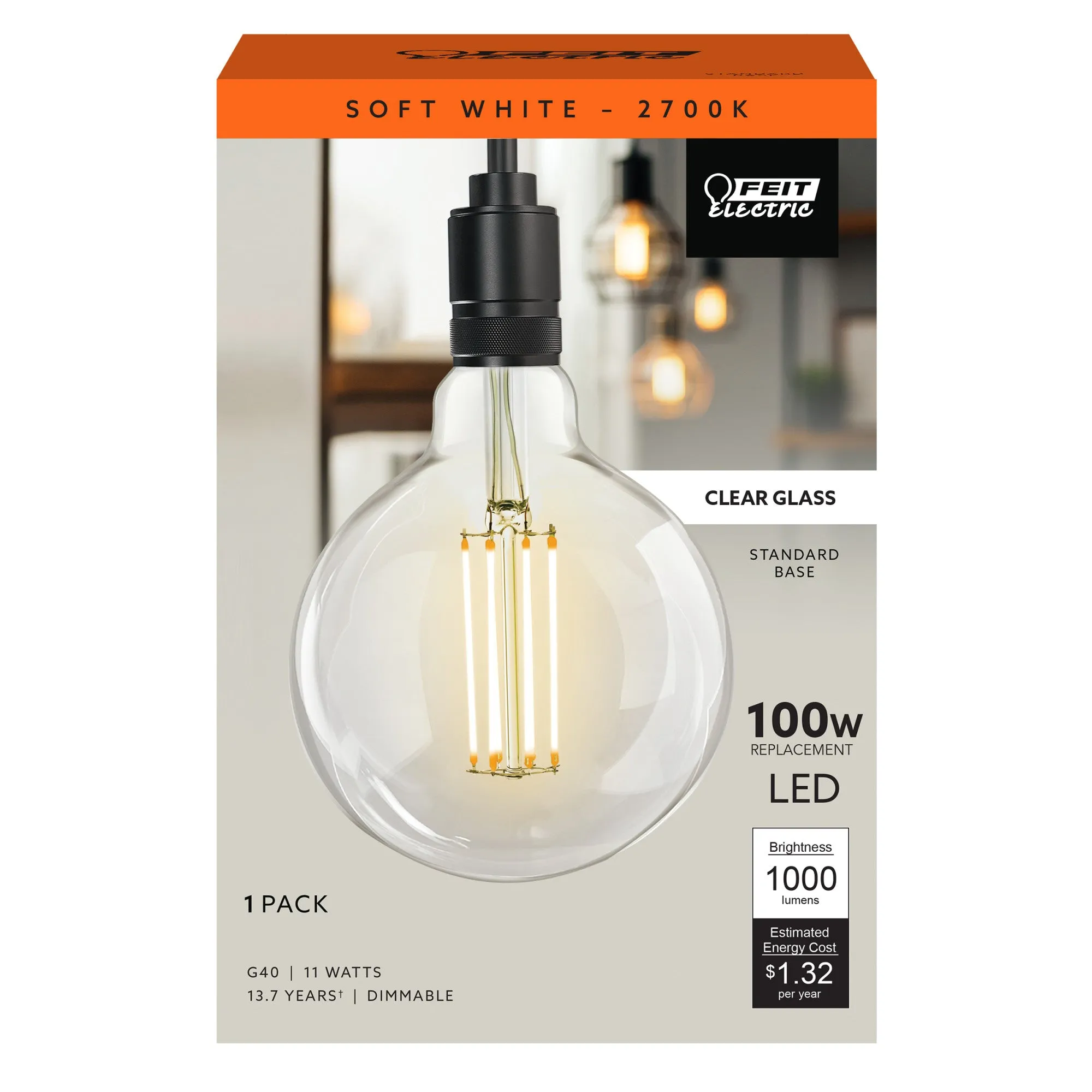 11W (100W Replacement) G40 E26 Dimmable Straight Filament Clear Glass Vintage Edison LED Light Bulb, Soft White