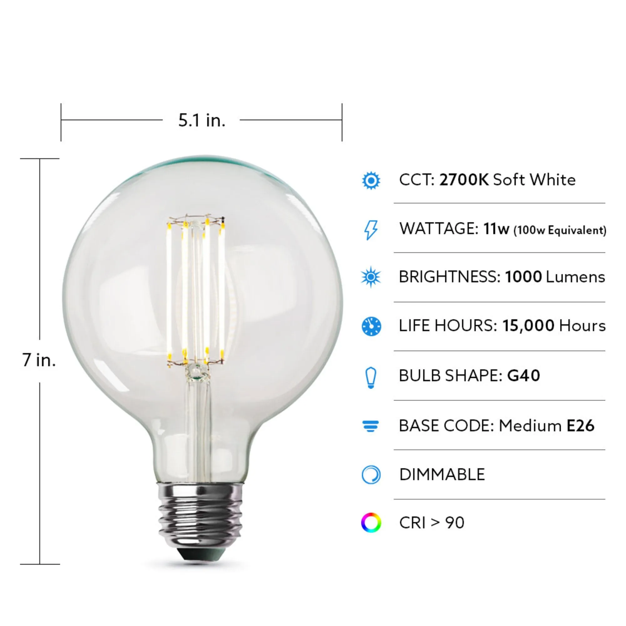 11W (100W Replacement) G40 E26 Dimmable Straight Filament Clear Glass Vintage Edison LED Light Bulb, Soft White