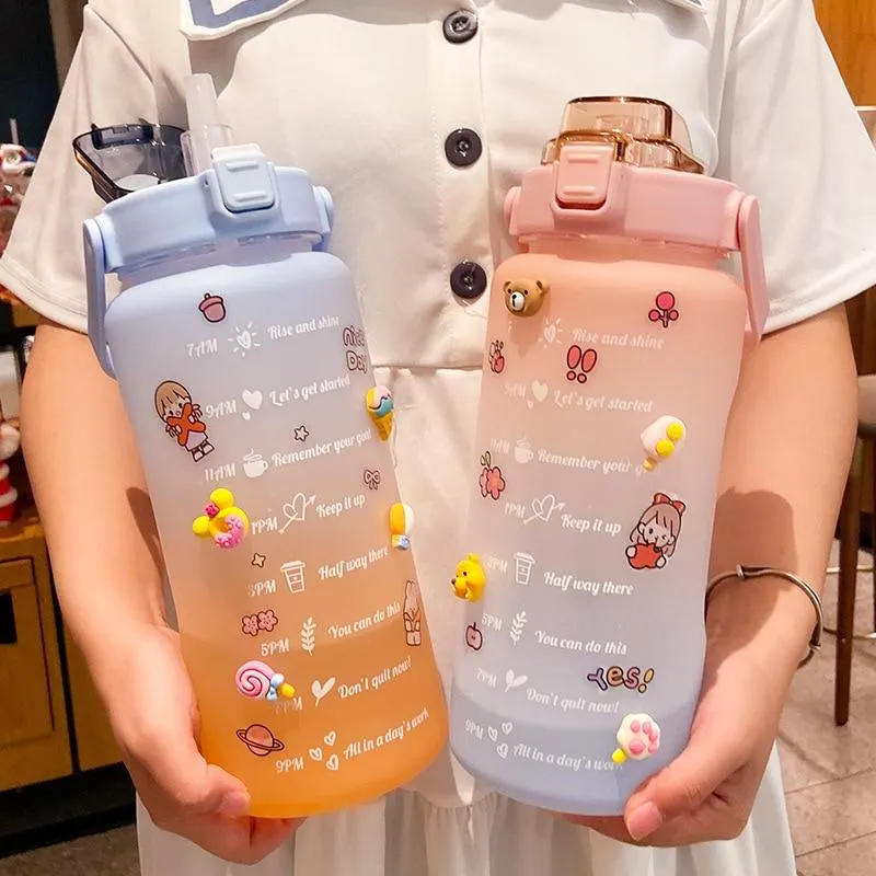 2000ml Kawaii Water Bottle With Straw Sport Plastic Portable Square Drinking Bottle For Girl Cute Juice Tea Water Cups