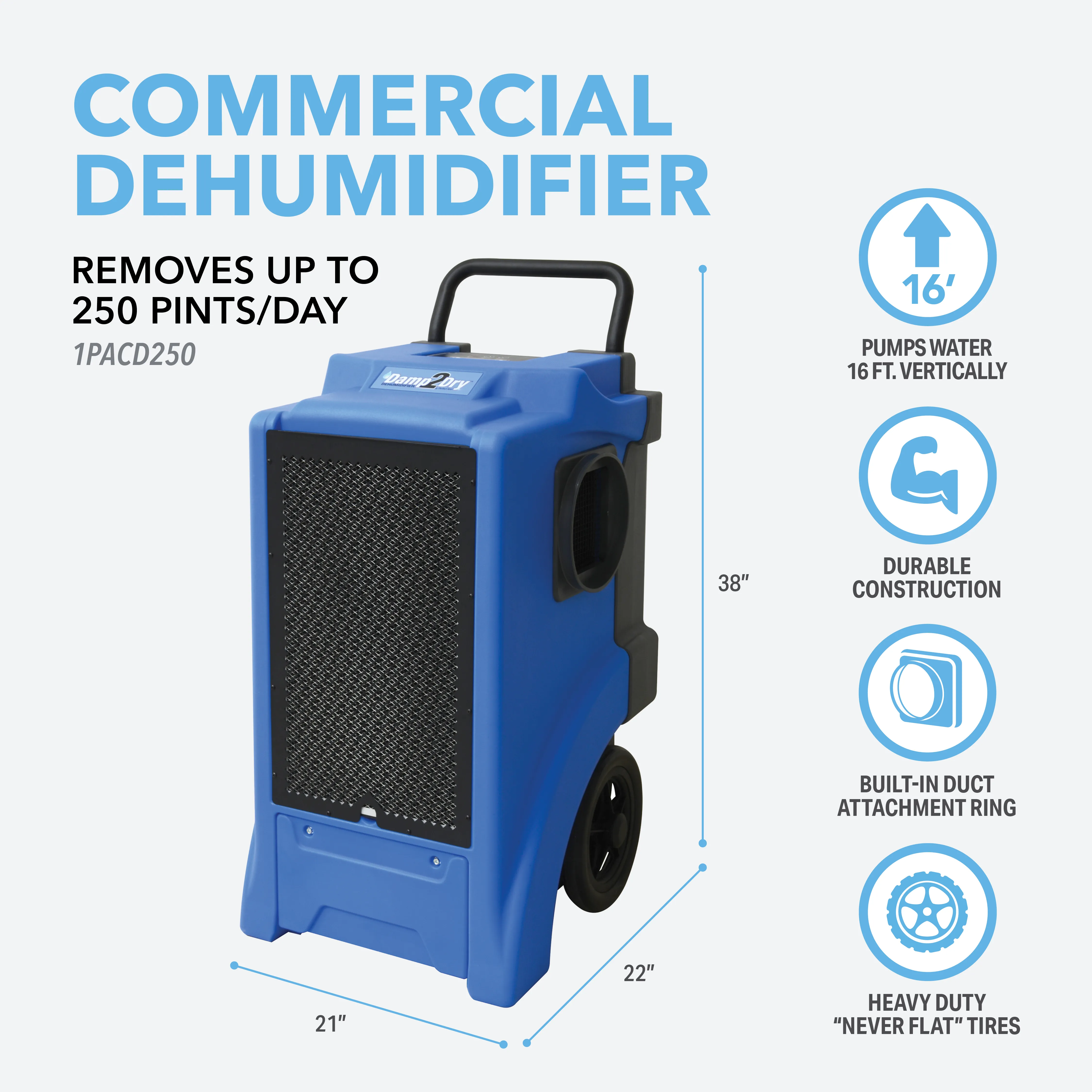 250 Pint Commercial Dehumidifier with Drain Hose for Basements, Garages, Warehouses, and Job Sites