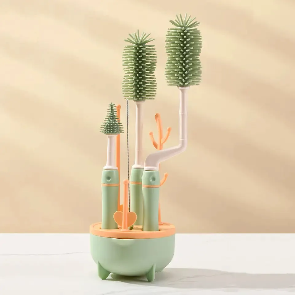 THE LITTLE LOOKERS Silicone Bottle Brush Set with Stand, 360° Rotating Silicone Bottle Cleaning Brush Cleaner Set, Long Handle 4 in 1 Multipurpose Silicone Baby Bottle Straw Cleaner Brush